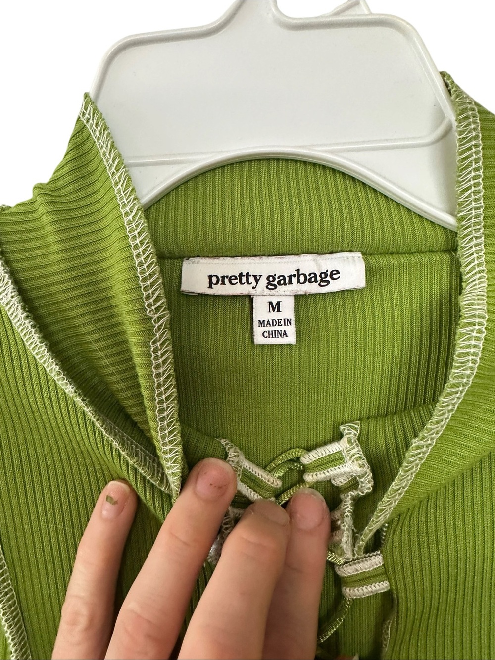 Lime Green Lace-Up Ribbed Long Sleeve Top - Picture 3 of 5